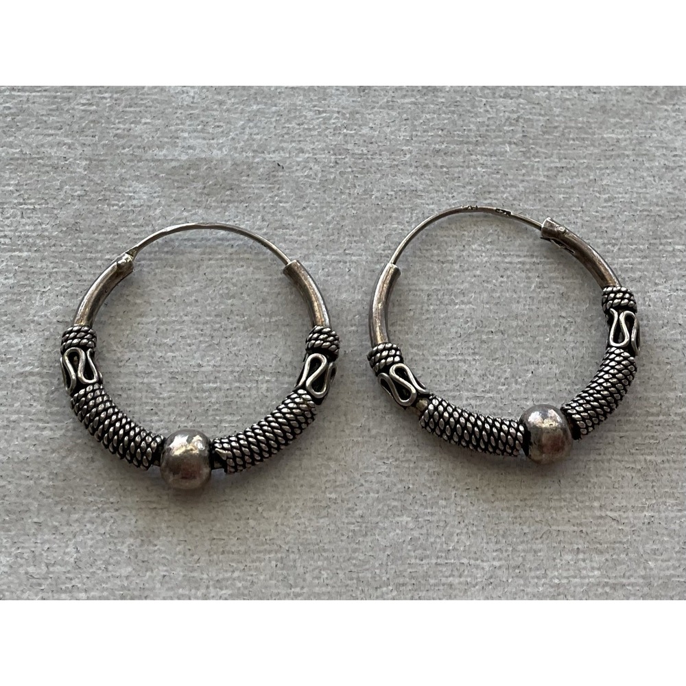 925 sterling silver Bali-style hoop earrings Vintage Estate Jewelry